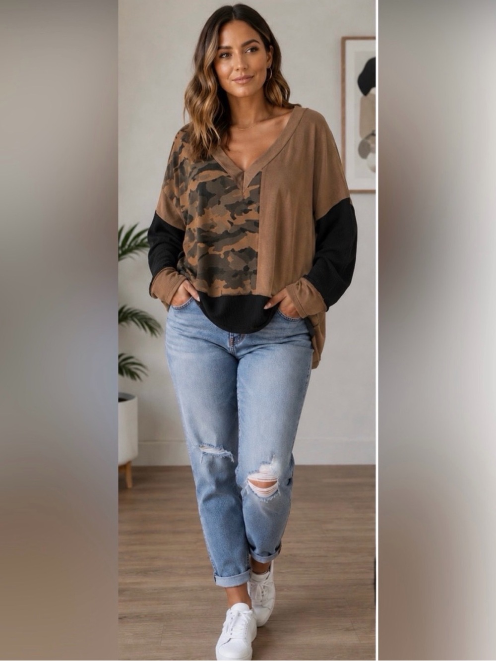 POL Camo Oversize Patchwork V-Neck Pullover NWOT
